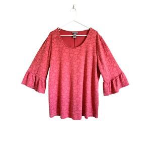 Catherines Pink Floral 3/4 Ruffle Sleeve Top Size 1X 18-20w Feminine Coquette